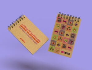 Two notebooks with Angie Contreras branding, featuring the message "Sexting is my right" and custom icons.