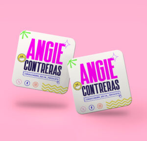 Square business cards featuring Angie Contreras logo and branding.