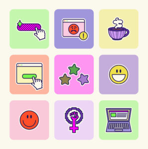 Custom icon set featuring feminist symbols and digital elements for Angie Contreras.