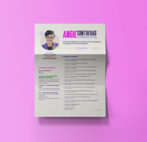 CV design for Angie Contreras on a pink background.