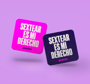 Feminist stickers with the message "Sexting is my right" and Angie Contreras branding.