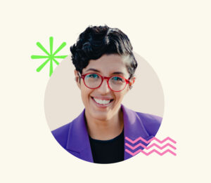 Headshot of Angie Contreras with branding elements showcasing her identity as a feminist communicator.