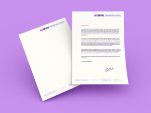 Two branded letterheads for Angie Contreras on a purple background.