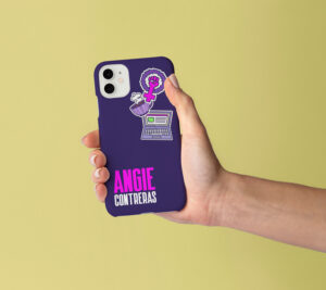 Phone case with Angie Contreras branding and stickers.