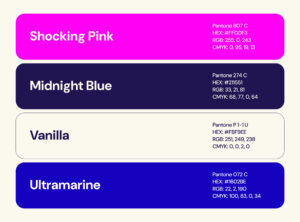 Angie Contreras primary color palette featuring pink, blue-purple, and complementary shades.