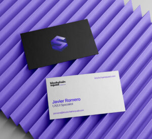 Blockchain Squad business cards showcasing logo and contact details on a lilac surface.