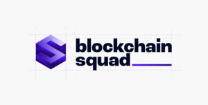 tech startup brand identity Blockchain Squad full logo on a geometric grid highlighting alignment and balance.