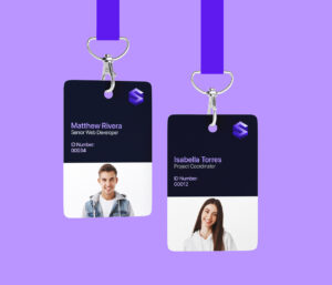 Blockchain Squad ID badges for Web Developer and Project Coordinator on a lilac background.