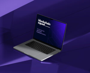 Laptop displaying the Blockchain Squad homepage, featuring modern web design and branding focused on blockchain technology solutions.