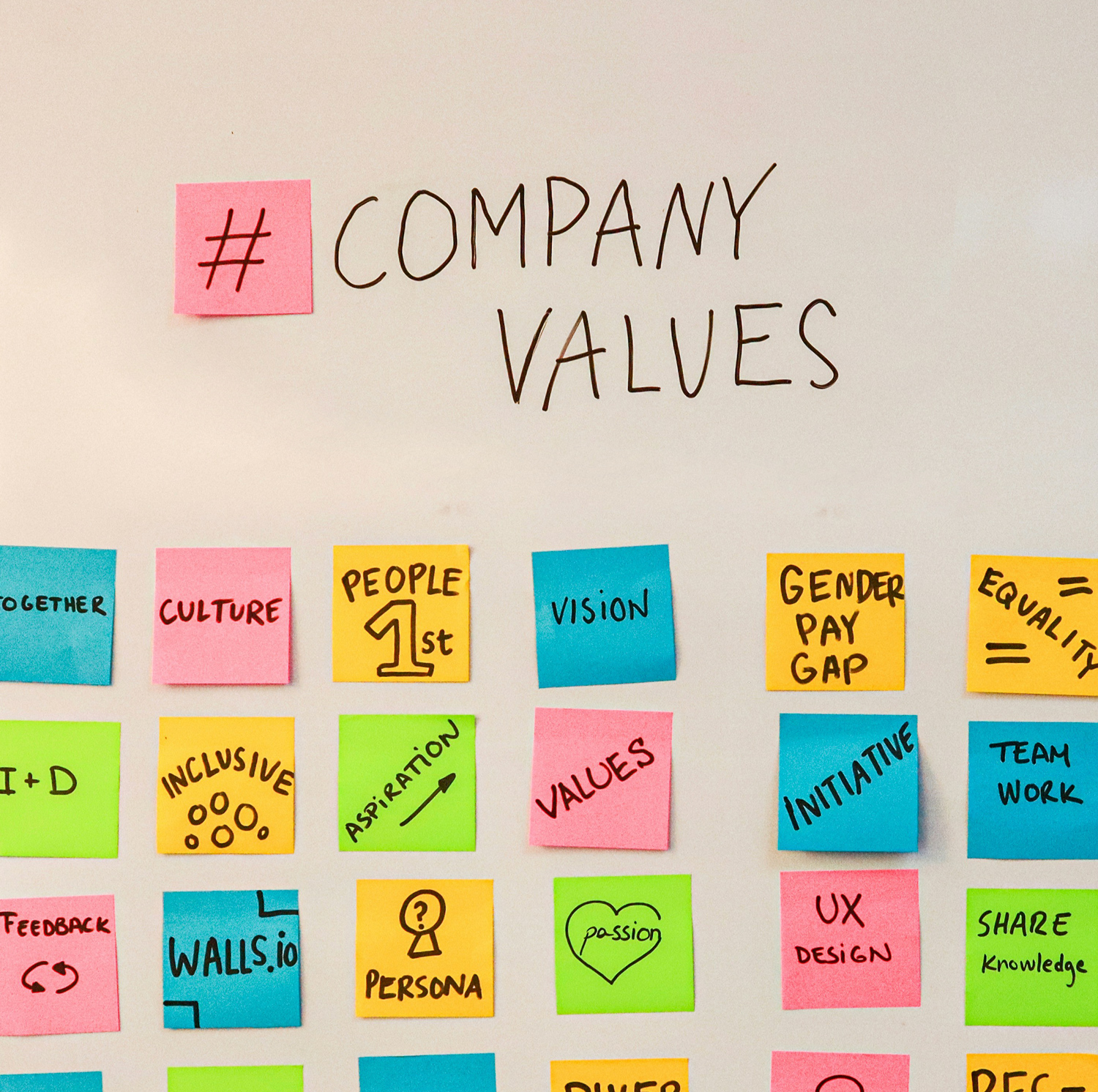 Worldwide business branding solutions Handwritten title 'COMPANY VALUES' with post-its on a wall containing concepts, representing adamanto’s brand strategy services.