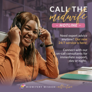 Graphic promoting "Call the Midwife" hotline service featuring a smiling woman with a headset.