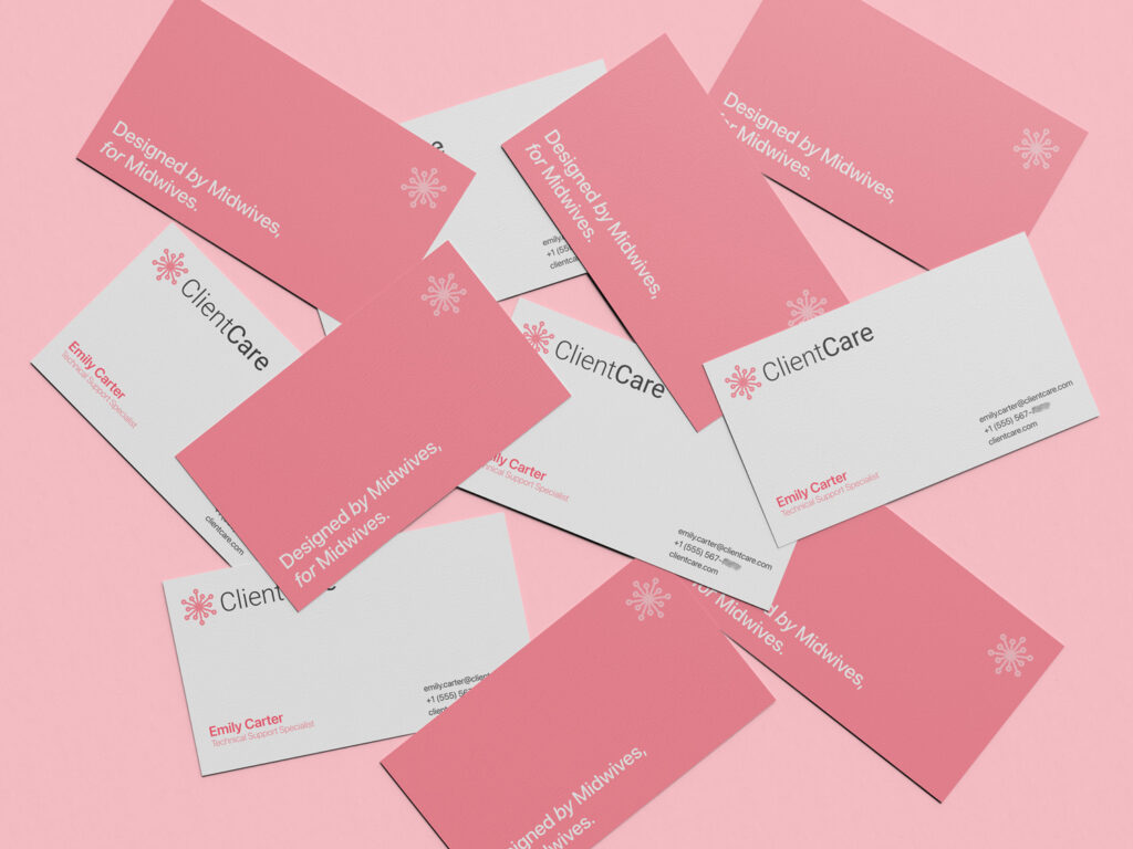 healthtech brand identity ClientCare business cards with tagline "Designed by midwives for midwives" and contact details. Brand Identity Design