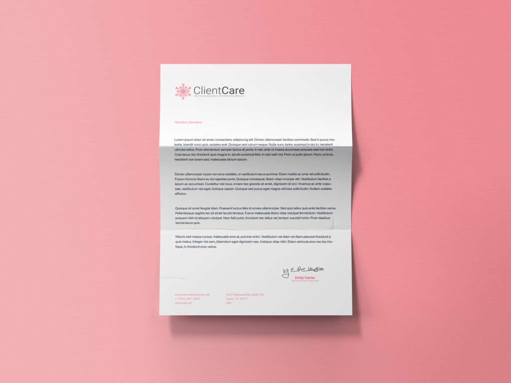 healthtech brand identity Folded ClientCare letterhead with clean branding on a pink background.