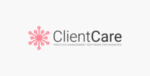 healthtech brand identity Full ClientCare logo with dandelion-inspired symbol, brand name, and tagline "Practice Management Software for Midwives."