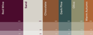 Clifford Lee color palette with wine, green, orange, and pine tones.