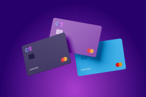 web3 brand identity Mockup of three credit cards with Commerxe and Mastercard logos.