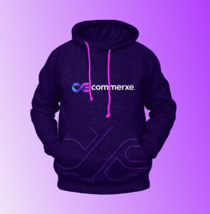 Mockup of a dark purple hoodie with the Commerxe logo.