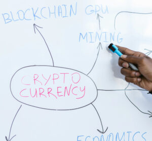 tech startup brand identity Handwriting on a whiteboard showing a concept map about cryptocurrency.