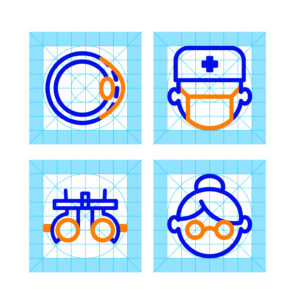 Four ophthalmology-related icons displayed with their design grid for precise construction.