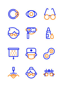 medical brand identity Twelve ophthalmology-related icons, including an eye, glasses, an eye exam, a doctor, and a contact lens case.