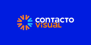 medical brand identity Contacto Visual logo with iris-like symbol and name in white and orange on a blue background.