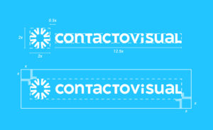 Grid and construction details of the Contacto Visual logo, showcasing its proportional design.