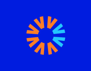 medical brand identity Orange and blue circular iris-like symbol of Contacto Visual on a blue background.