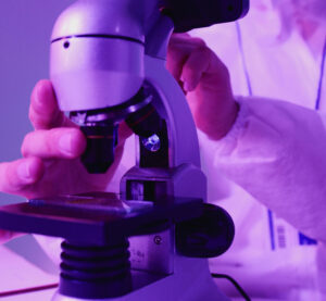 Hands adjusting a microscope for pathological analysis.