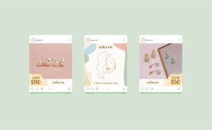 Instagram post mockup showing adara pearl cuff earring, illustration, and earrings on a green background.