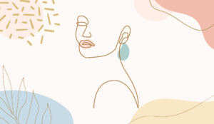 Minimalist line illustration with earrings and lips on a pastel-colored branded background.