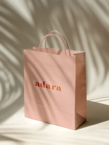 Premium pink paper bag with adara logo in brown on a light background.