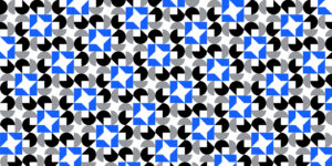 Patterned texture featuring Rafael Urueña’s architectural symbol in black, gray, and blue on a white background.