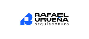 Full logo of Rafael Urueña with a blue geometric "R" and black typography on a white background.