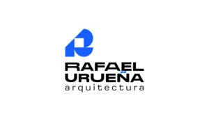 architect brand identity Vertical version of Rafael Urueña logo with blue symbol, black name, and tagline on a white background.