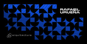 Photographic composition with Rafael Urueña's branding elements and a blue architectural overlay.