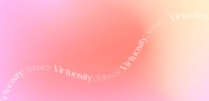 Asymmetrical pattern of the Virtuosity Senses logo in white, set against a vibrant pink, yellow, and orange gradient background.