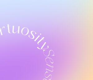 Virtuosity Senses circular logo in white, displayed on a gradient background of purple, yellow, and blue.