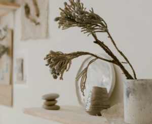 Minimalist shelves with ceramic decor, dried plants, and natural stone elements on a white background.