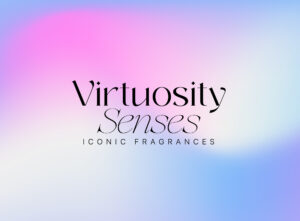 candle brand identity Virtuosity Senses main logo in black over a pink, purple, and white gradient background.