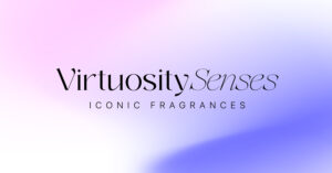 Virtuosity Senses main logo in black, set against a soft pink, purple, and white gradient background.