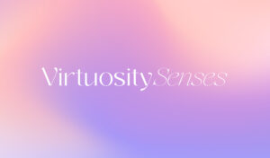 Virtuosity Senses white logo displayed on a gradient background transitioning from purple to pink and yellow.