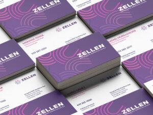 Stack of Zellen business cards showing front and back designs.