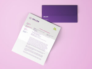 Zellen-branded letterhead and purple envelope with logo and address, placed on a pink surface.