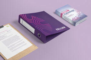 Zellen branded letterhead and purple folder with logo, placed on a clipboard and a purple surface.