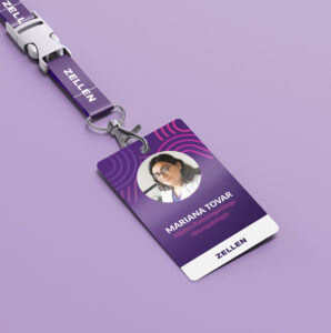 Mockup of a Zellen team member’s ID badge with a purple lanyard.