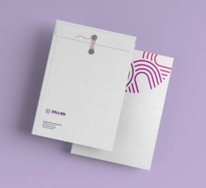 Two white Zellen-branded envelopes on a purple surface, displaying the front and back designs.