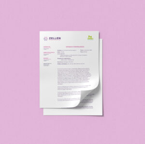 Mockup of two Zellen-branded letterhead sheets on a pink surface.