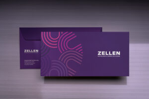 pathology lab brand identity Two purple Zellen envelopes displaying the front and back designs with the logo and address.