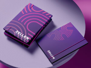 pathology lab brand identity Four stacked Zellen-branded folders on a purple surface, featuring the Zellen logo and symbol.