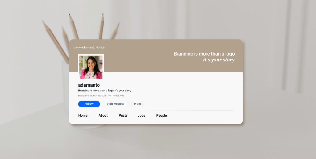 Screenshot of adamanto LinkedIn profile displayed over a white desk with a pencil holder.